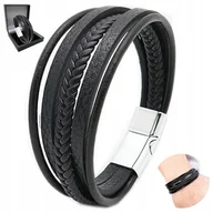 Bransolety męskie - Bransoletka Męska Skórzana Srebrna Gruba Bransoleta Na Prezent + Gratis - miniaturka - grafika 1