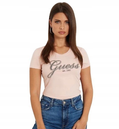 GUESS RÓŻOWY T SHIRT BAWEŁNIANY Z CEKINAMI Z OKRĄGŁYM DEKOLTEM L GNA