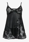 Bielizna nocna - Czarna Koszula Nocna z Kwiatowym Printem z Siateczki Xyvi - miniaturka - grafika 1
