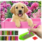 Dekoratorstwo - Haft Diamentowy ARTULIO, Obraz DIY 5D, Diamond Painting, Mozaika diamentowa 40x60cm (Szczeniak w różowej skrzynce) + zestaw akcesoriów - miniaturka - grafika 1