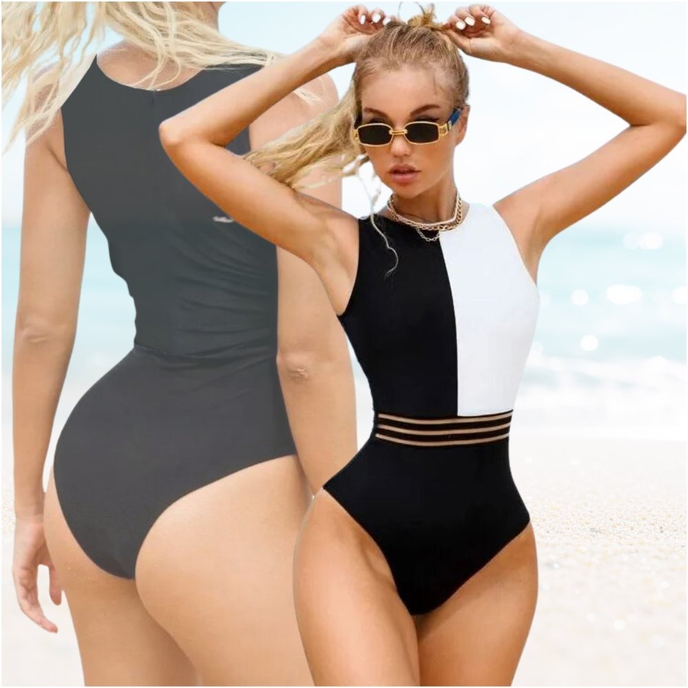 Kostium kąpielowy jednoczęściowy wyszczuplający czarno-biały L