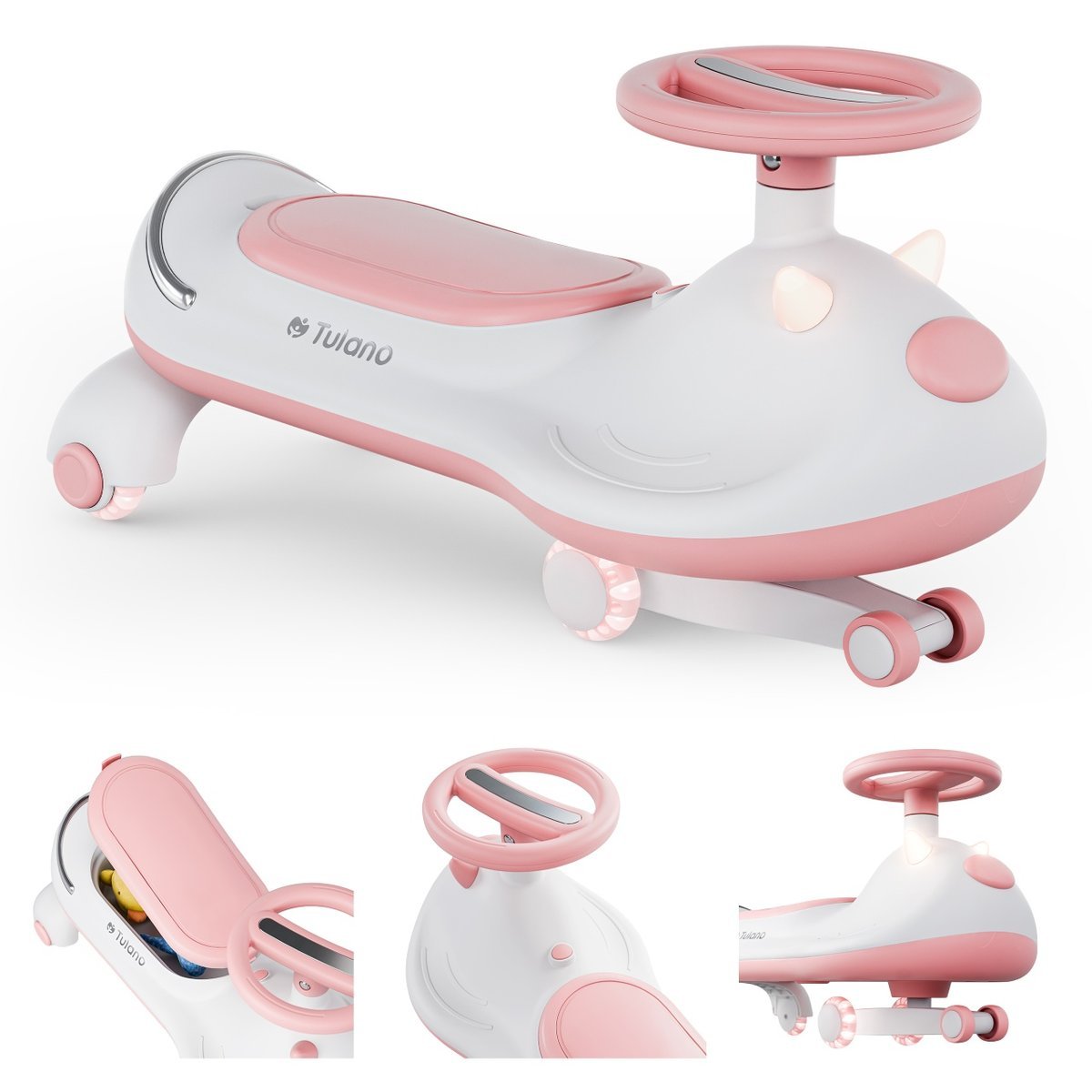 Jeździk grawitacyjny TULANO Focus 45 Pink SZARO-RÓŻOWY dla DZIECI 3+ KOŁA LED MUZYKA