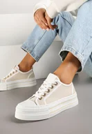 Trampki damskie - Beżowe Trampki na Niskiej Platformie Ozdobione Cyrkoniami Felelith - miniaturka - grafika 1