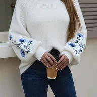 Swetry damskie - TEMU Damski Sweter z Okrągłym Dekoltem, Długi Rękaw, Haftowany Kwiatowy Wzór - miniaturka - grafika 1