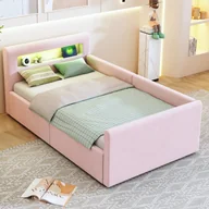 Meble do sypialni - Łóżko z pojemnikiem 90x200cm - z oświetleniem LED - z portem ładowania USB - z półkami - welurowe - różowe (materac nie jest w zestawie) - miniaturka - grafika 1