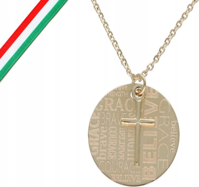 Złoty naszyjnik 585 krzyżyk i napis believe 2,29g celebrytka modny wzór 14k
