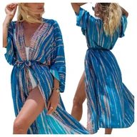 Bluzki damskie - Pareo kolorowe długa narzutka plażowa tunika z paskiem - miniaturka - grafika 1
