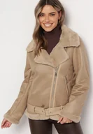 Kurtki damskie - Beżowa Kurtka Pilotka z Asymetrycznym Zapięciem i Futerkiem Simuna - miniaturka - grafika 1