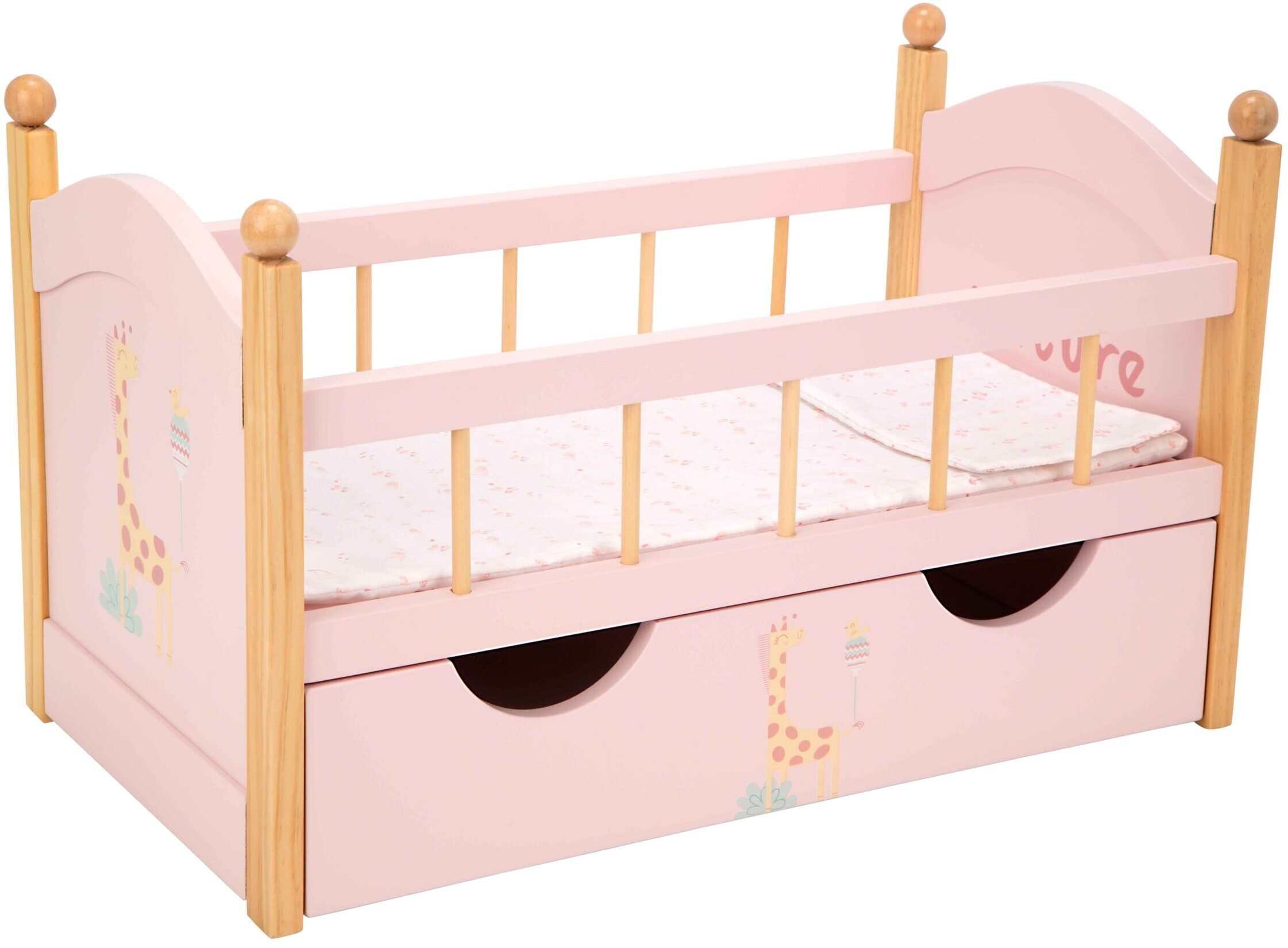 Arias drewniane łóżeczko dla lalek z szufladą i pościelą różowa do 45 cm