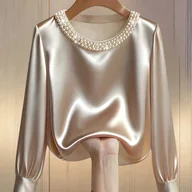 Koszule damskie - TEMU Elegancka Bluzka Damska z Okrągłym Dekoltem i Długim Rękawem, Ozdobiona Perłami – Jednokolorowa Podstawowa Koszula, Pranie w Praniu Maszynowym, - miniaturka - grafika 1