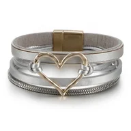 Bransoletki - Wielowarstwowa skórzana bransoletka z sercem w stylu boho Szara - miniaturka - grafika 1