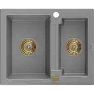 Zlewozmywaki - Mexen Carlos zlewozmywak granitowy 1,5-komorowy 582 x 475 mm, szary, syfon złoty - miniaturka - grafika 1