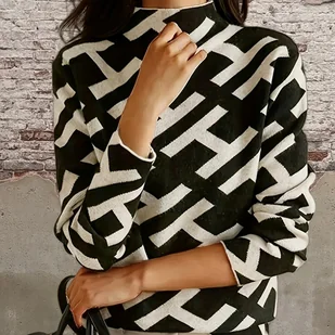 TEMU Sweter Damski na Jesień/Zimę – Geometryczny Nadruk, Czarno-Biały Kolorów, Wąski Golf, Pranie w Praniu Maszynowym, Casualowy Top do Warstwowania, - Swetry damskie - miniaturka - grafika 1