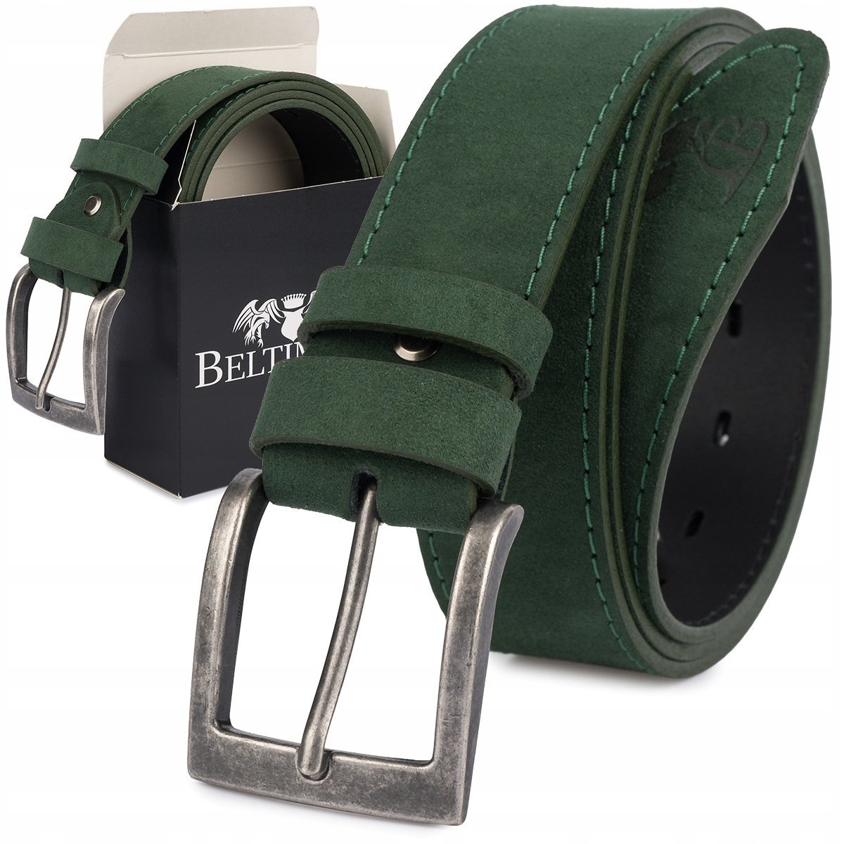 Pasek męski skórzany zamszowy szeroki 4cm klasyk zielony premium Beltimore