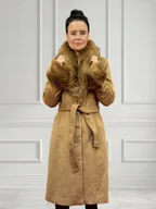 Płaszcze damskie - Karl Lagerfeld płaszcz z futrem kolor camel [rozmiar M] - miniaturka - grafika 1