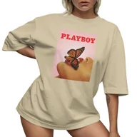 Koszulki i topy damskie - T-SHIRT OVERSIZE LU��NA KOSZULKA PLAYBOY MOTYL USTA NADRUK S SUKIENKA JAKO���� - miniaturka - grafika 1