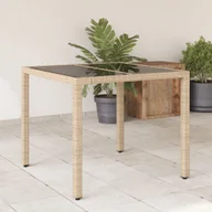 Stoły ogrodowe - vidaXL Stół ogrodowy ze szklanym blatem, beż, 90x90x75 cm, polirattan - miniaturka - grafika 1