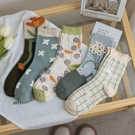 Skarpetki damskie - TEMU 5 par damskich skarpetek do kolan, mieszanka poliestru z elastanem, wzory tulipanﾃｳw i kwiatﾃｳw, kratka, dzianina, moﾅｼna praﾄ� w pralce - miniaturka - grafika 1
