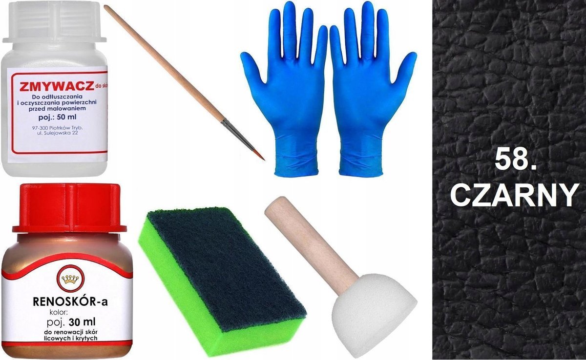 CZARNY 58 Renoskór ZESTAW DO RENOWACJI SKÓRY LICOWEJ Farba + Zmywacz Pędzel