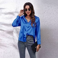 Koszule damskie - Clotth Damska koszula z długim rękawem z satynowego jedwabiu Button Down Shirt, Royal Blue-m, M - miniaturka - grafika 1