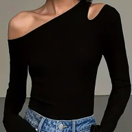 Bluzki damskie - TEMU Damski Nowy Przyjazd Jednokolorowy Dopasowany T-Shirt z Odkrytymi Ramionami i Długim Rękawem z Seksownym Wycięciem - miniaturka - grafika 1