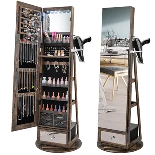 zamykana szafka na biżuterię o wysokości 164 cm, obrotowy organizer na biżuterię 360° z oświetleniem LED, stojak na suszarkę do włosów, lusterko do makijażu i półka, pełnowymiarowe lustro bez ramy z miejscem do przechowywania - Szafki łazienkowe - miniaturka - grafika 1