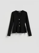 Swetry damskie - Reserved - Kardigan z baskinką - czarny - miniaturka - grafika 1