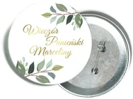 Wieczór panieński i kawalerski - Przypinka personalizowana biała ze złotym napisem oraz liśćmi na Wieczór Panieński - miniaturka - grafika 1