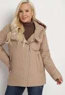 Kurtki damskie - Ciemnobeżowa Pikowana Kurtka z Kapturem i Asymetrycznym Suwakiem Terithie - miniaturka - grafika 1