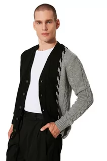 Swetry męskie - Trendyol Męski wzór, standardowy standardowy kardigan z dekoltem w serek, Czarny, XL - grafika 1
