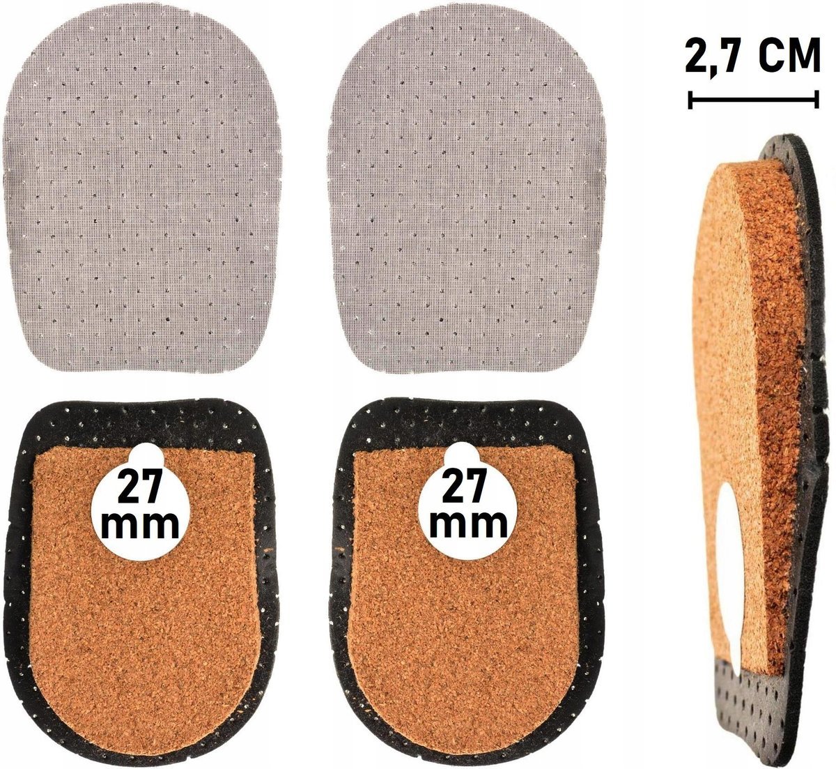 Młodzieżowe Damskie 36-41 Podpiętki KORKOWE 27 mm KLINY pod pięty Wkładki PODWYŻSZAJĄCE 2,7 cm