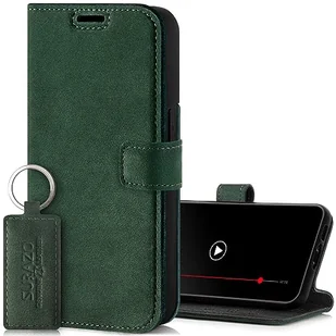SURAZO Etui na telefon komórkowy do Apple iPhone 15 Pro, skórzane etui ochronne z klapką z prawdziwej skóry [magnes, przegródka na karty, ochrona RFID, funkcja stojaka] etui z klapką (ciemnozielone) - Etui i futerały do telefonów - miniaturka - grafika 1