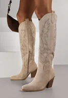 Kozaki damskie - Ciemnobeżowe Kozaki Kowbojki na Stożkowym Obcasie Zdobione Cyrkoniami Nalera - miniaturka - grafika 1