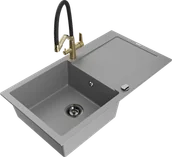 Zlewozmywaki z baterią - Mexen Leo zlewozmywak granitowy 1-komorowy z ociekaczem i baterią kuchenną Duo, szary - 6501-71-671701-57-B - miniaturka - grafika 1