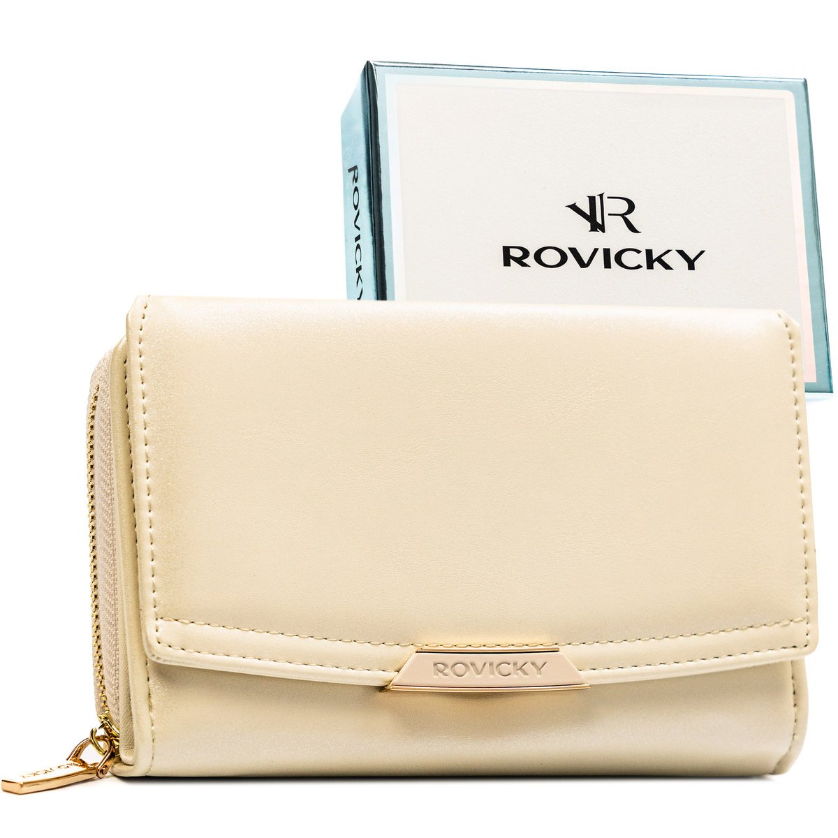 Mały portfel damski ROVICKY elegancki minimalistyczny ochrona kart RFID zatrzask i suwak beżowy