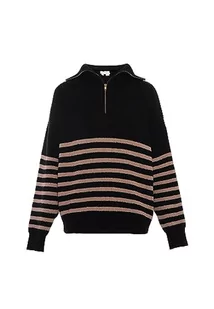 Blonda Damski sweter z dzianiny w paski z zamkiem błyskawicznym i Stehrevers akryl czarny beżowy rozmiar XL/XXL, czarny, beżowy, XL - Swetry damskie - miniaturka - grafika 1