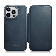 Etui i futerały do telefonów - iCarer CE Oil Wax Premium Leather Folio Case skórzane etui iPhone 14 Pro Max z klapką magnetyczne MagSafe niebieski (AKI14220708-BU) - miniaturka - grafika 1