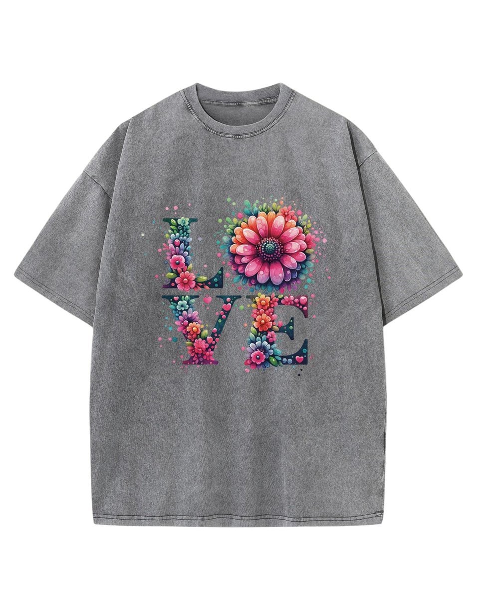Damska koszulka oversize efekt sprania Miłość Love Kwiaty Grafitowa L