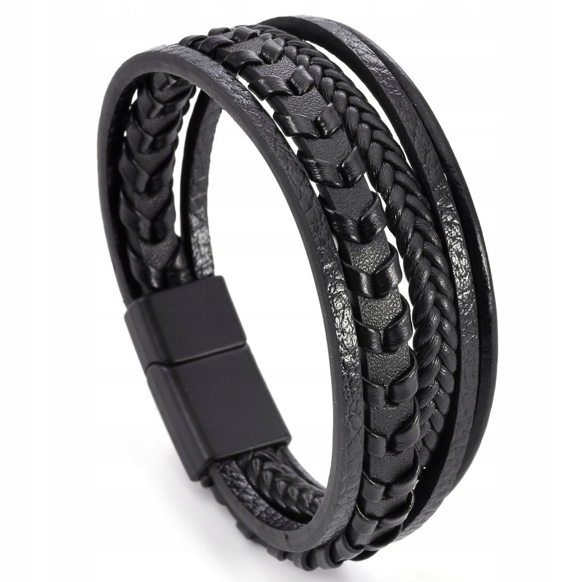 BRANSOLETKA MĘSKA SKÓRZANA CZARNA POTRÓJNA RZEMIEŃ STAL