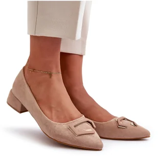 Czółenka Na Niskim Obcasie Z Ozdobą Eko Zamszowe S.Barski KV27-034 Beżowe beżowy - Czółenka - miniaturka - grafika 1