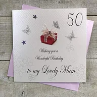 Kartki okolicznościowe i zaproszenia - WHITE COTTON CARDS białe bawełniane kartki 50 'Wishing you a Wonderful Lovely Mum' ręcznie robiona kartka na 50. urodziny, biała, bdp50-mum bdp50-mum - miniaturka - grafika 1