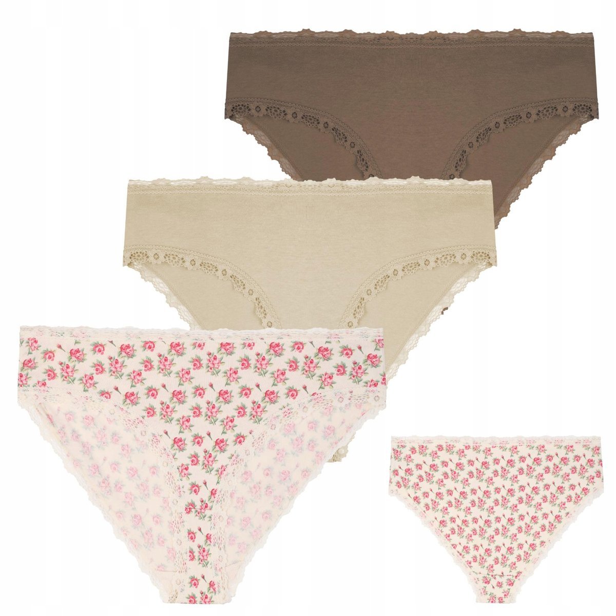 3X MAJTKI DAMSKIE FIGI BIKINI BAWEŁNIANE W KWIATY KORONKOWE MORAJ L