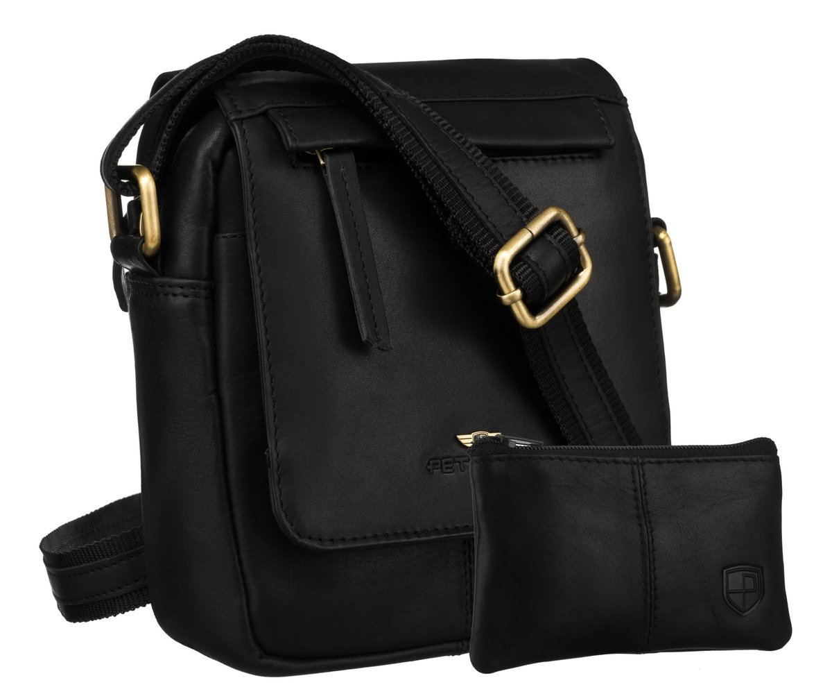 Mała torebka męska skórzana PETERSON miejska listonoszka z klapką czarna kieszonki na suwak regulowany długi pasek na ramię + etui na klucze
