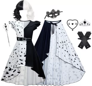 Strój Kostium Przebranie Sukienka Cruella De Mon 101 Dalmatyńczyków Rękawiczki Cosplay Peruka 122/128 Cm - Dodatki do strojów karnawałowych - miniaturka - grafika 1