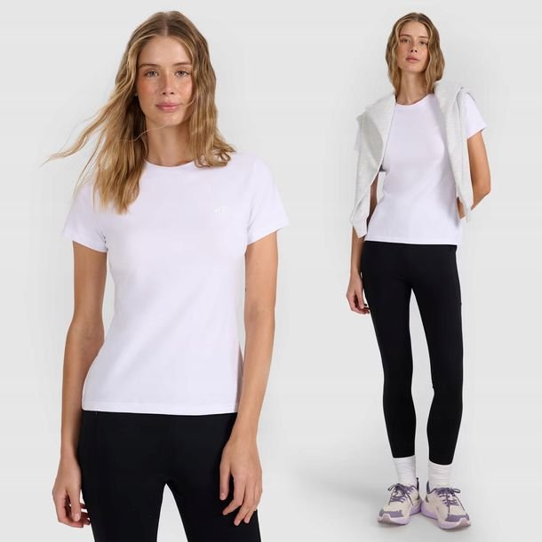 Koszulka Damska 4F T-shirt Slim Fit Gładki Bawełna Klasyczna Biała XL