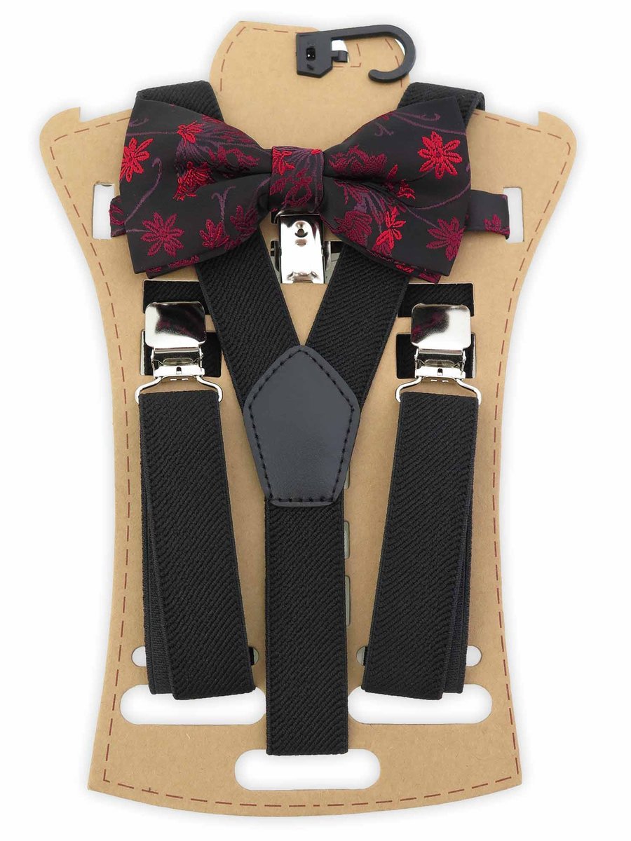 Czarny zestaw - gładkie szelki i mucha w czerwone kwiatki XM12