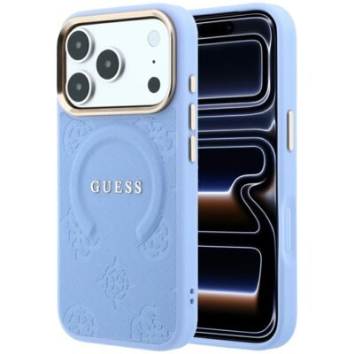 Etui GUESS Saffiano Peony & Ring MagSafe do Apple iPhone 17 Pro Max/18 Pro Max Jasnoniebieski