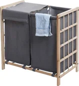 Kosze na bieliznę - Kosz na pranie HWC-B60, Kosz na pranie z litego drewna 2 komory 60x60x33cm 68l ~ jasny brąz, szara pokrywa - miniaturka - grafika 1