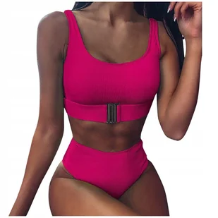 STRÓJ KĄPIELOWY DAMSKI DWUCZĘŚCIOWY KOSTIUM WYSOKI STAN TOP BIKINI KOLORY S - Stroje kąpielowe - miniaturka - grafika 1