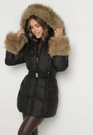 Kurtki damskie - Czarna Pikowana Kurtka z Paskiem i Kapturem Zdobiona Futerkiem Olunelia - miniaturka - grafika 1
